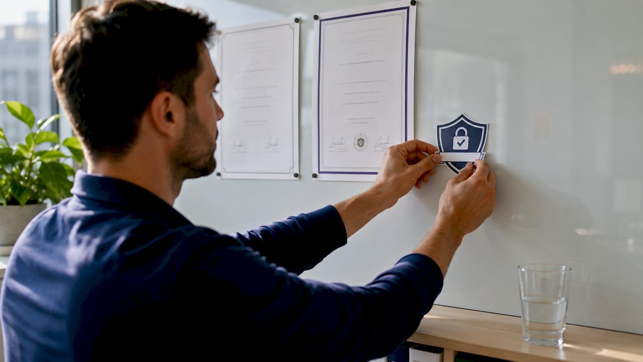 Hands positioning trust badges on compliance board