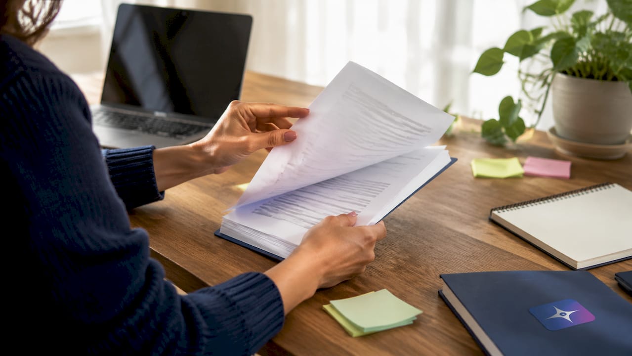 Close-up of hands reviewing compliance policy document