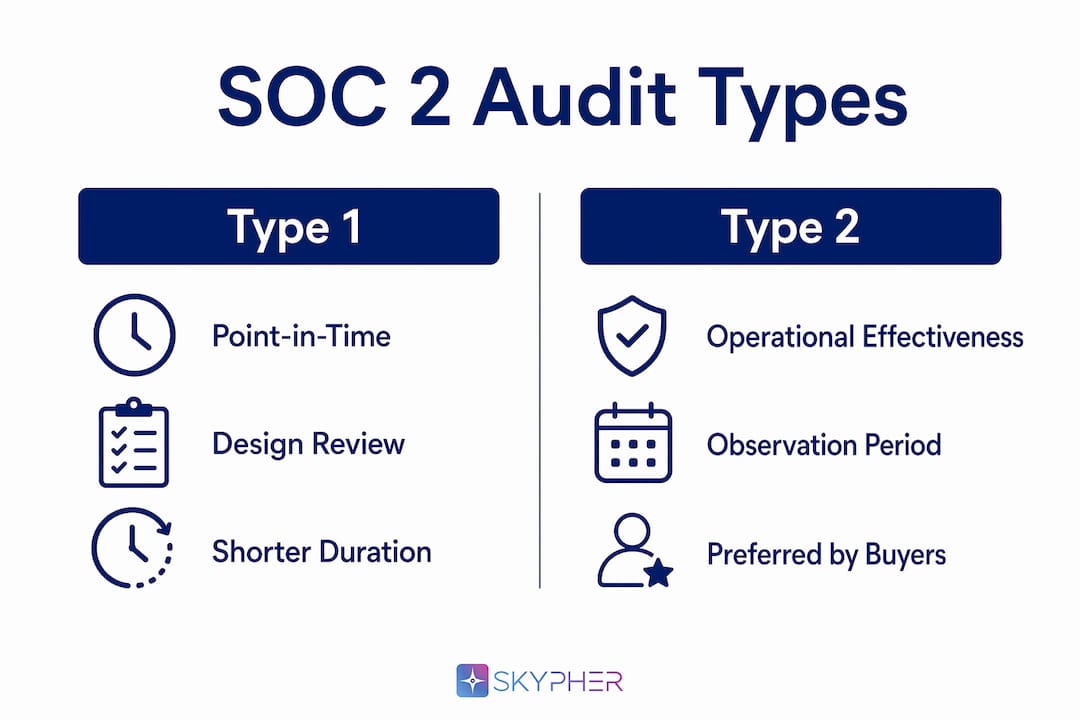 Infographic comparing SOC 2 Type 1 and Type 2 audits