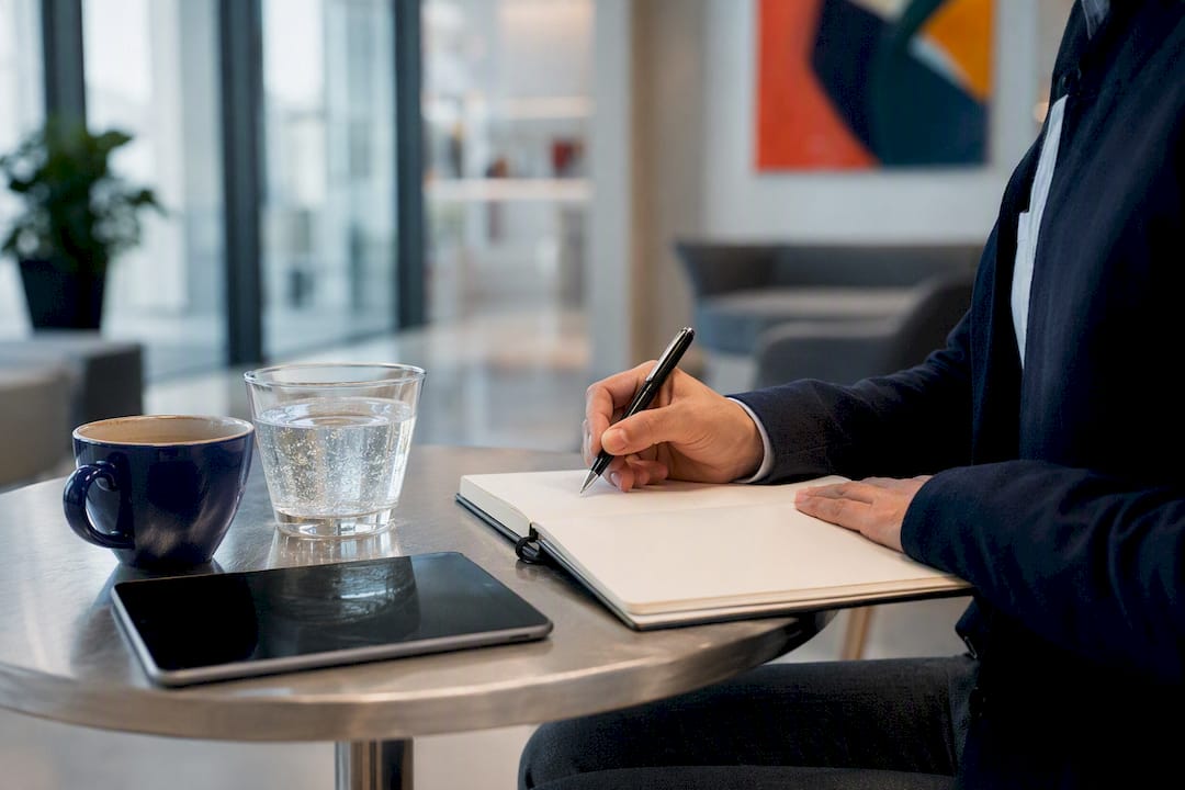 Hands preparing negotiation notes in office lounge