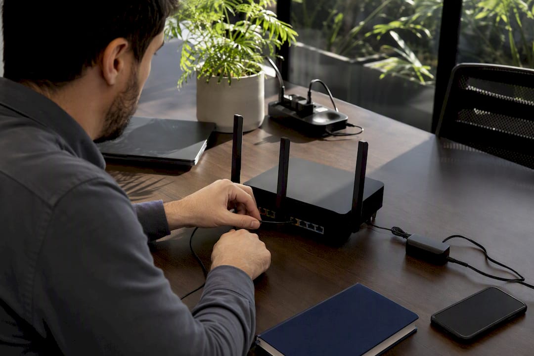 Hands connecting network cable in tech office