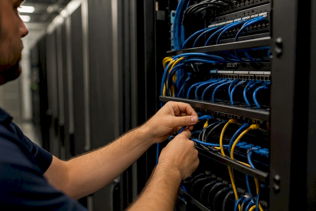 Hands connecting network cables in data room