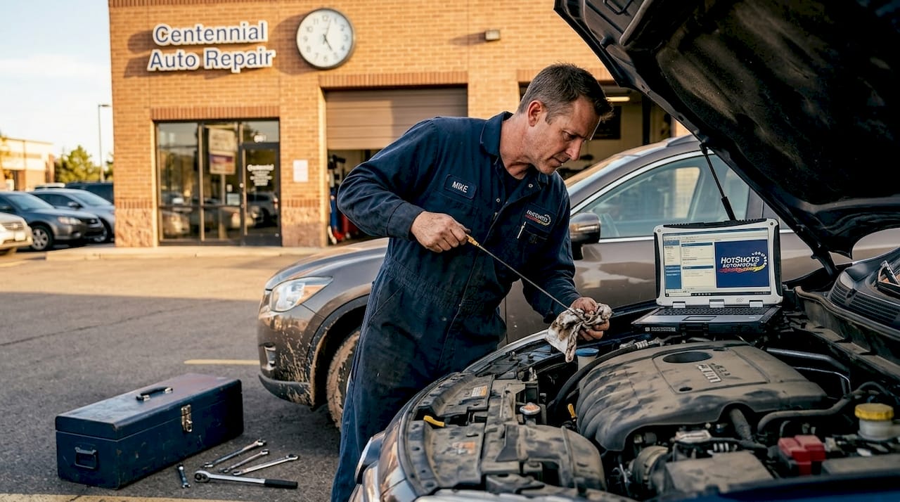 Mechanic checking fluids in Colorado shop