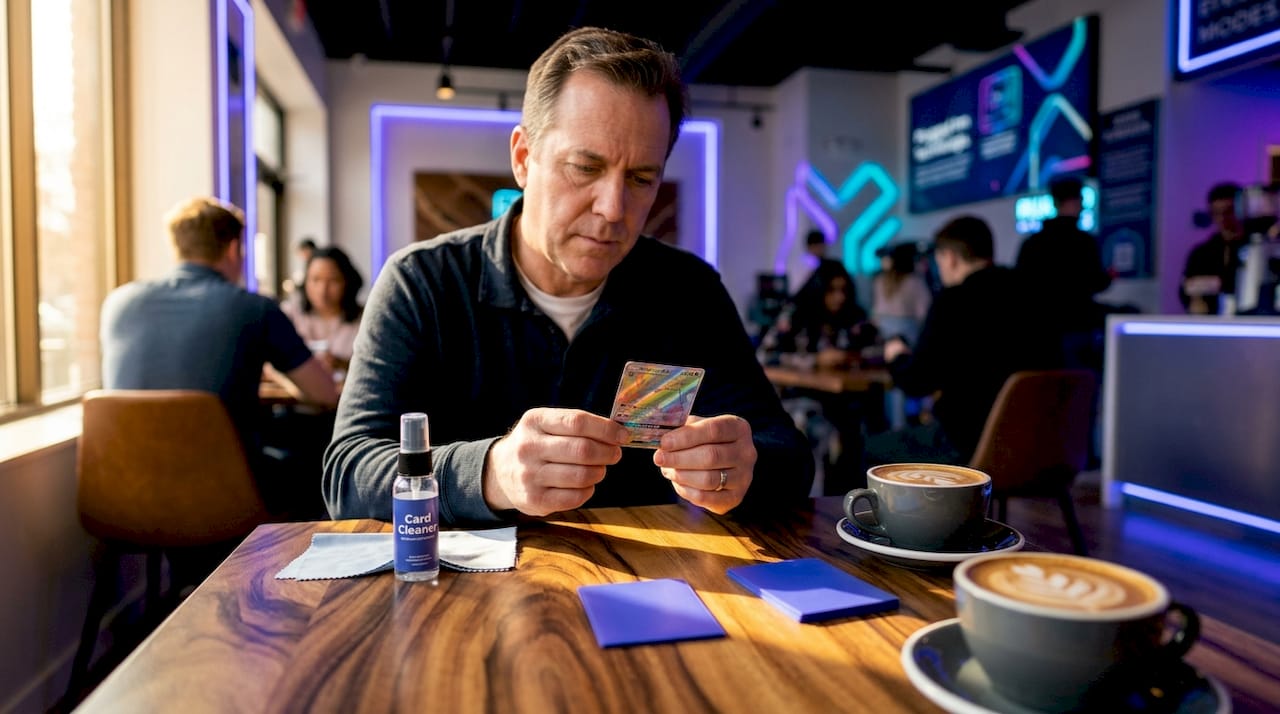 Seller inspecting holographic card under lamp