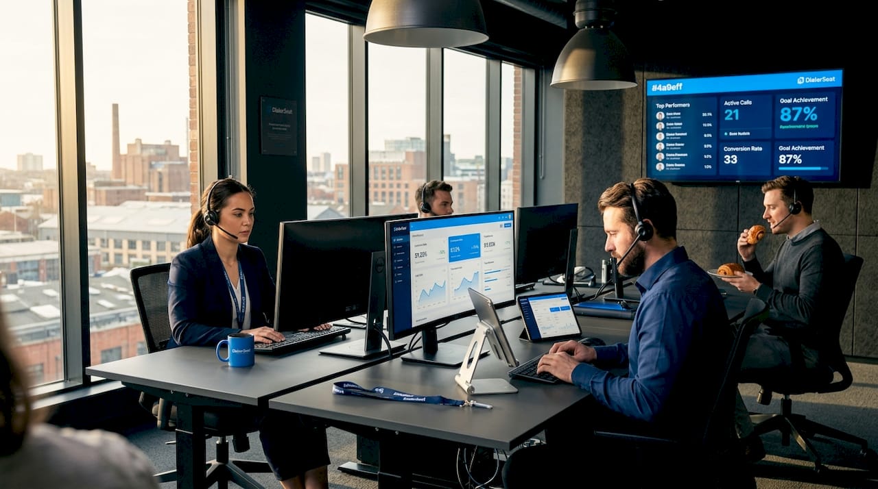 Sales team working with call blending system