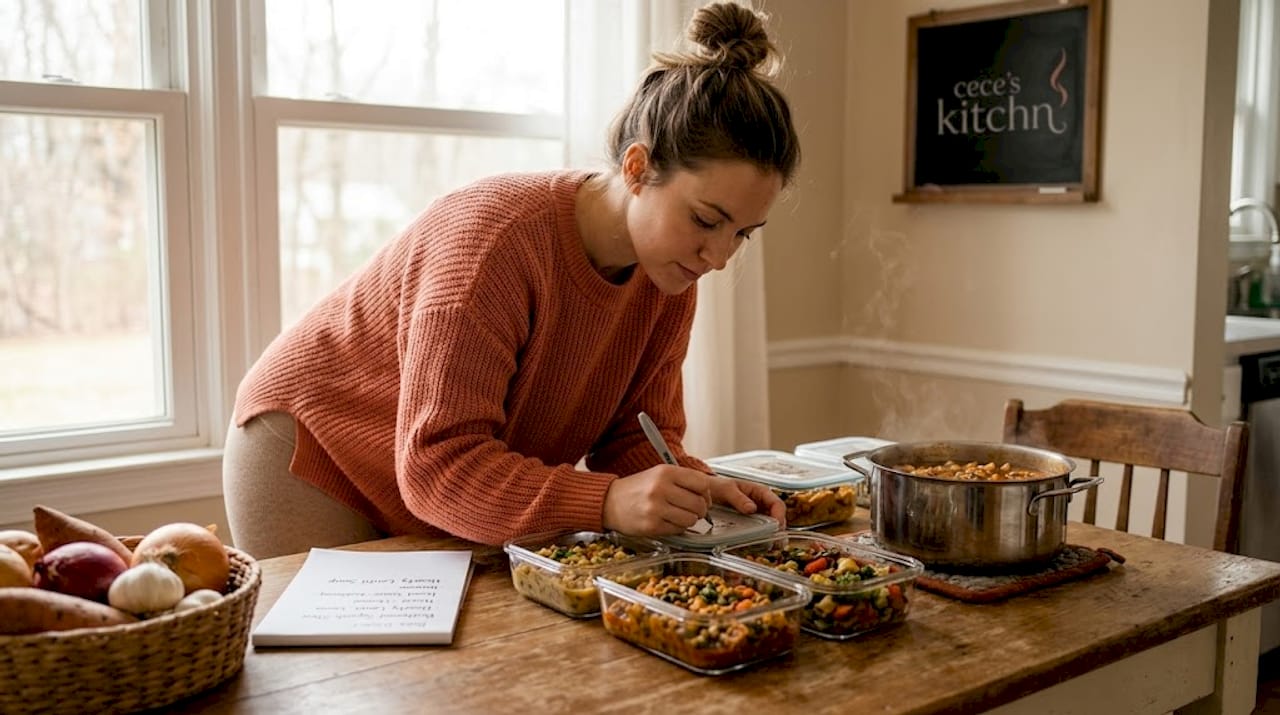 Woman labeling batch-cooked meal containers