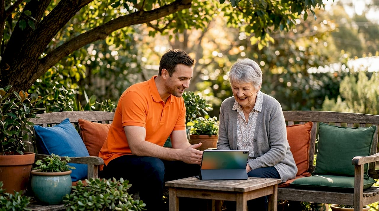 Support worker and elderly client watching video together
