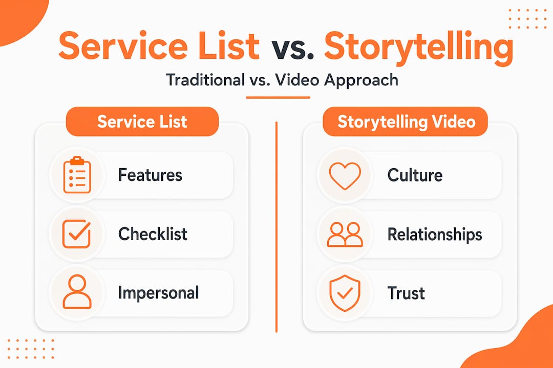 Infographic comparing service lists with storytelling video