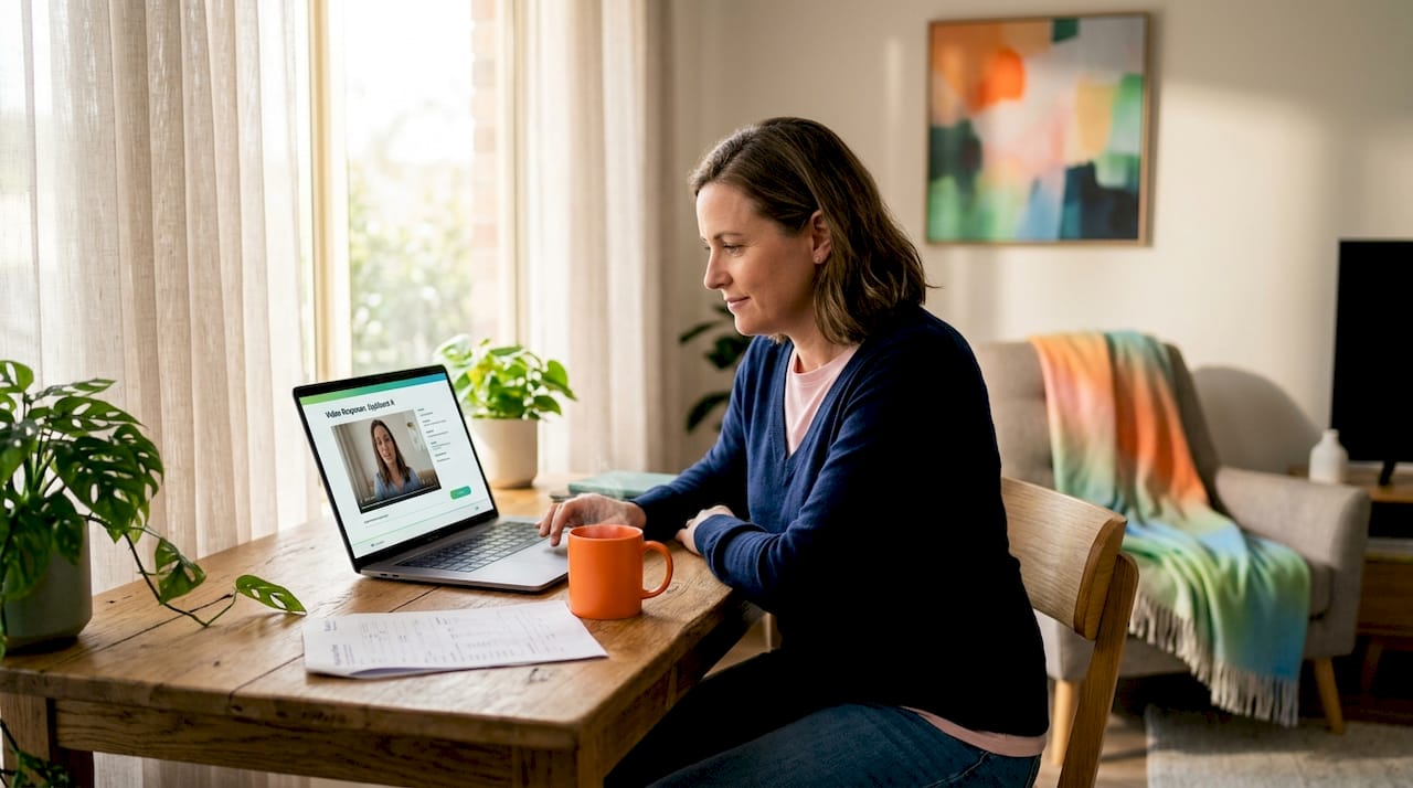 Woman reviewing video application at kitchen table