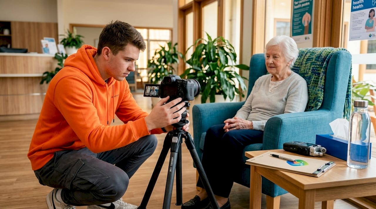 Videographer prepares patient testimonial interview