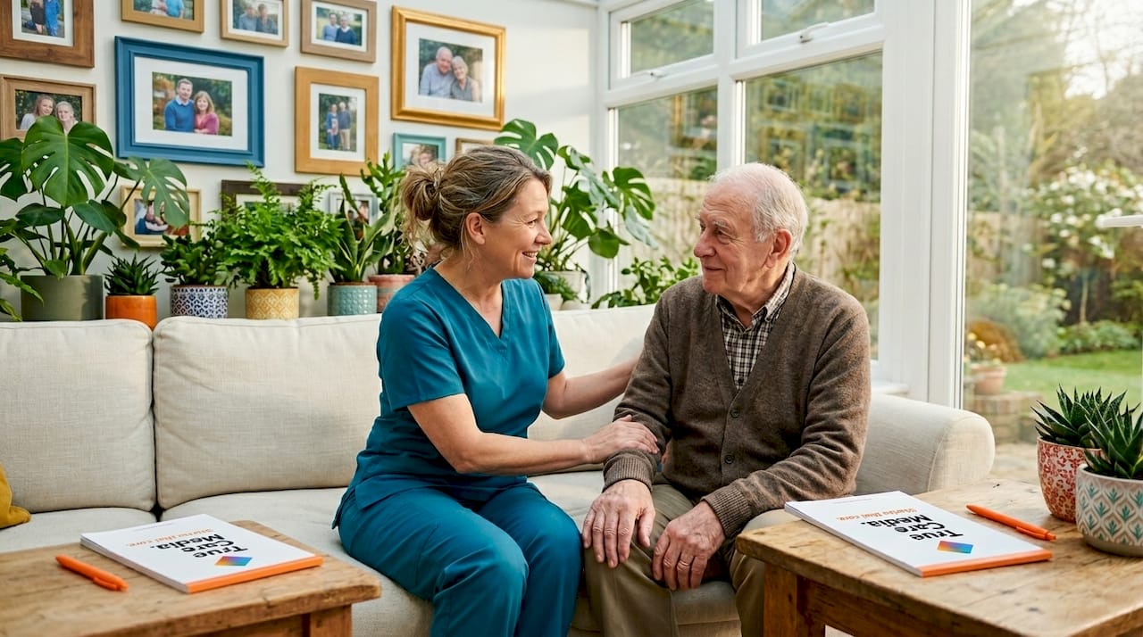 Care worker assisting senior in lounge