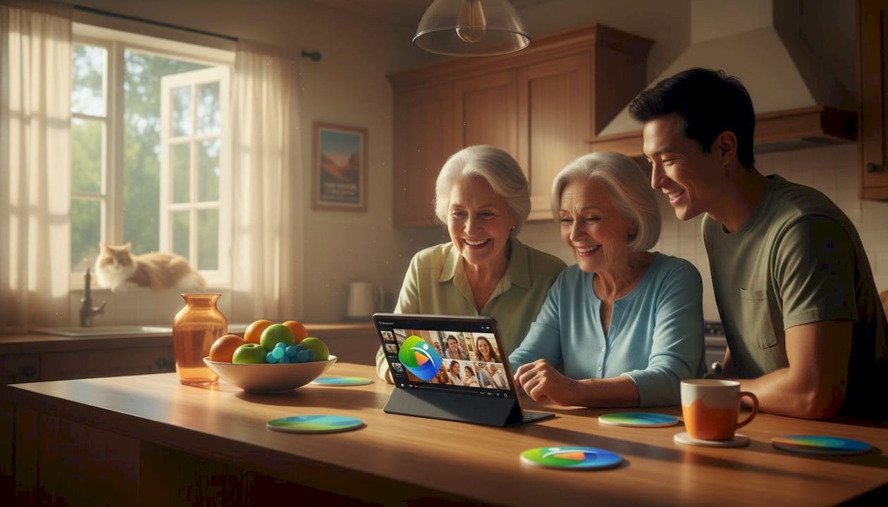 Older adults and family viewing video together
