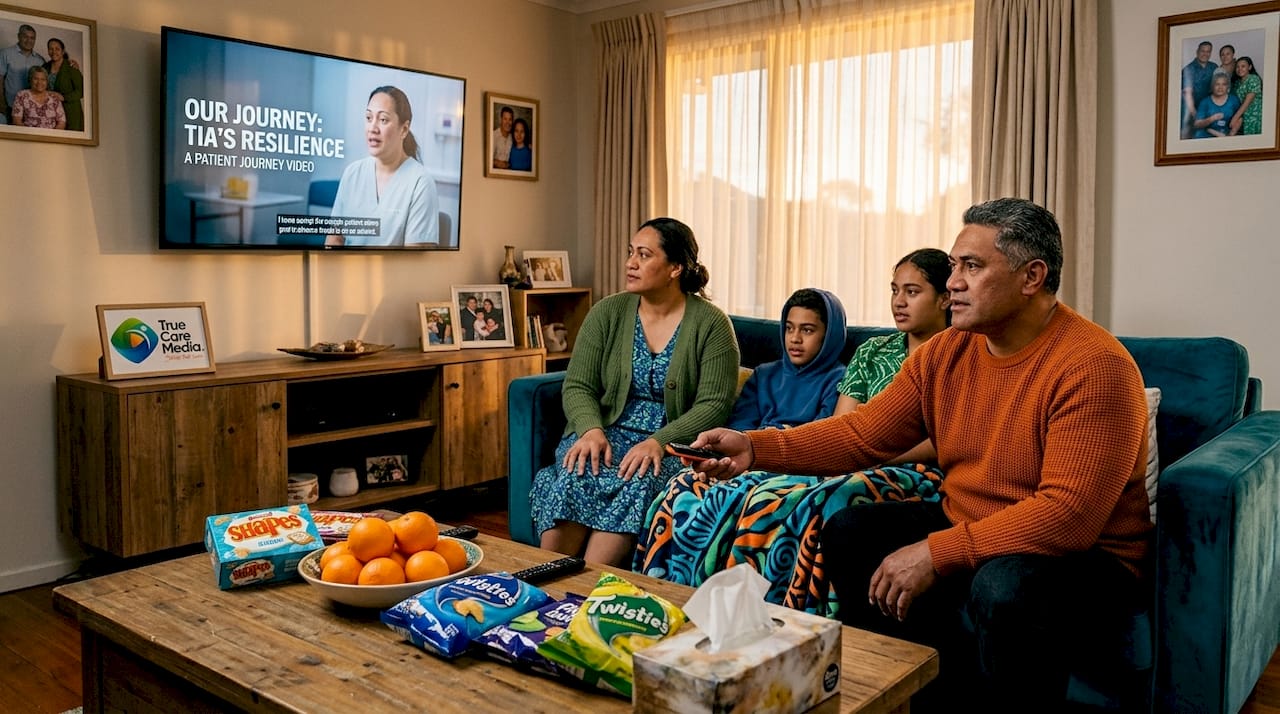 Family viewing health video in living room