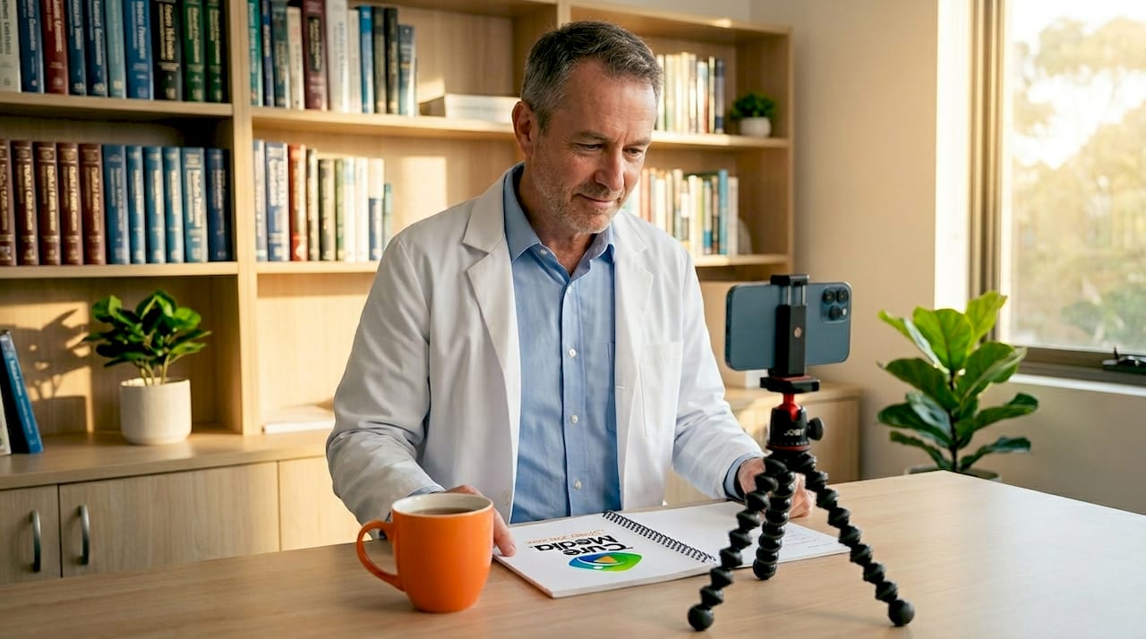 Doctor records video message at desk