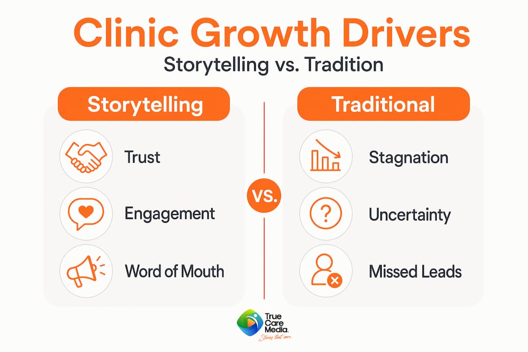 Infographic comparing storytelling and traditional clinic strategies