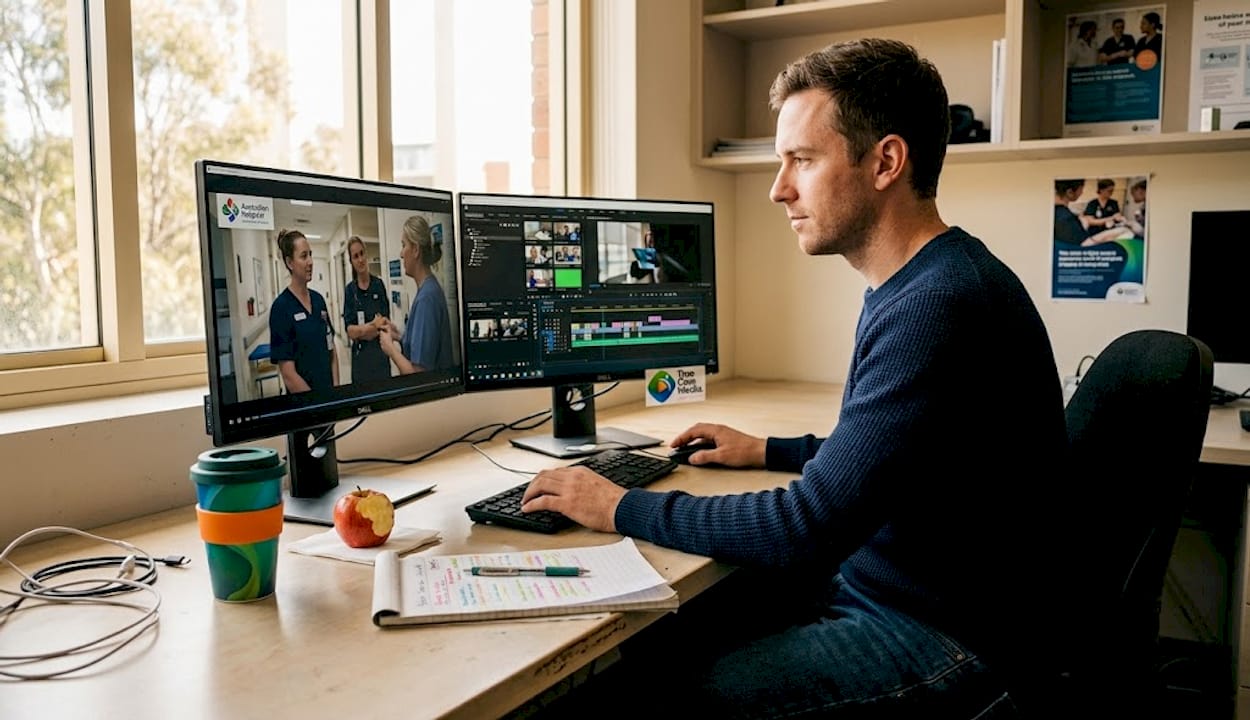 Editor works on hospital culture video project