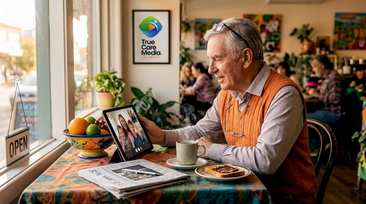 Older man on family video call at kitchen table