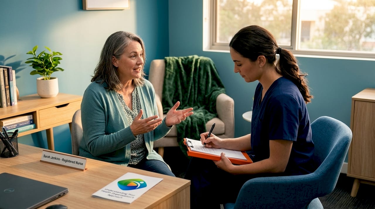 Patient and healthcare provider discussing story in clinic