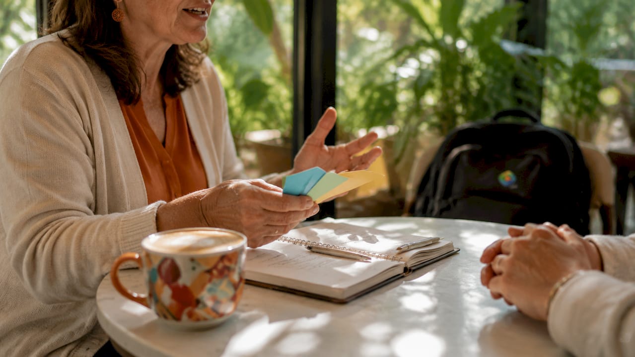 Hands holding note cards during therapy talk