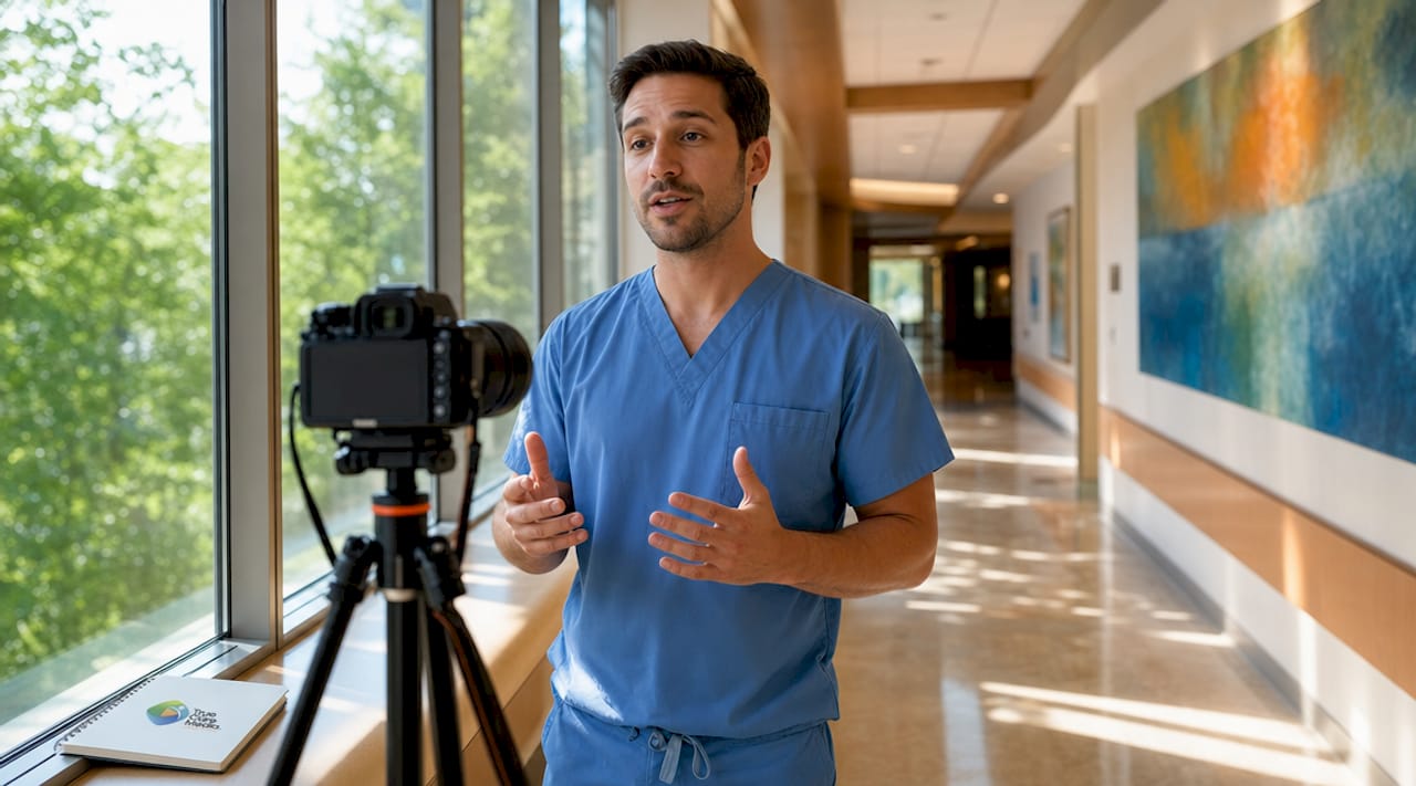 Clinician recording introduction video in consultation room