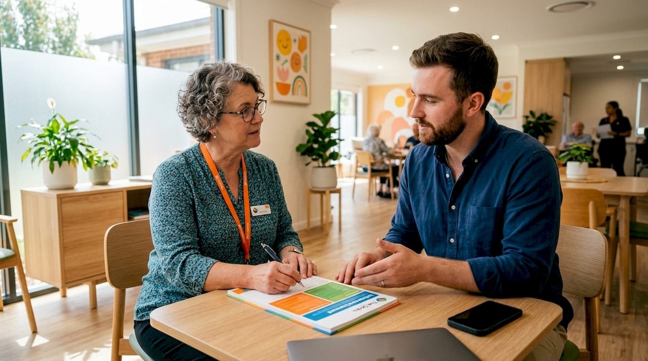 Resident and professional discussing consent forms