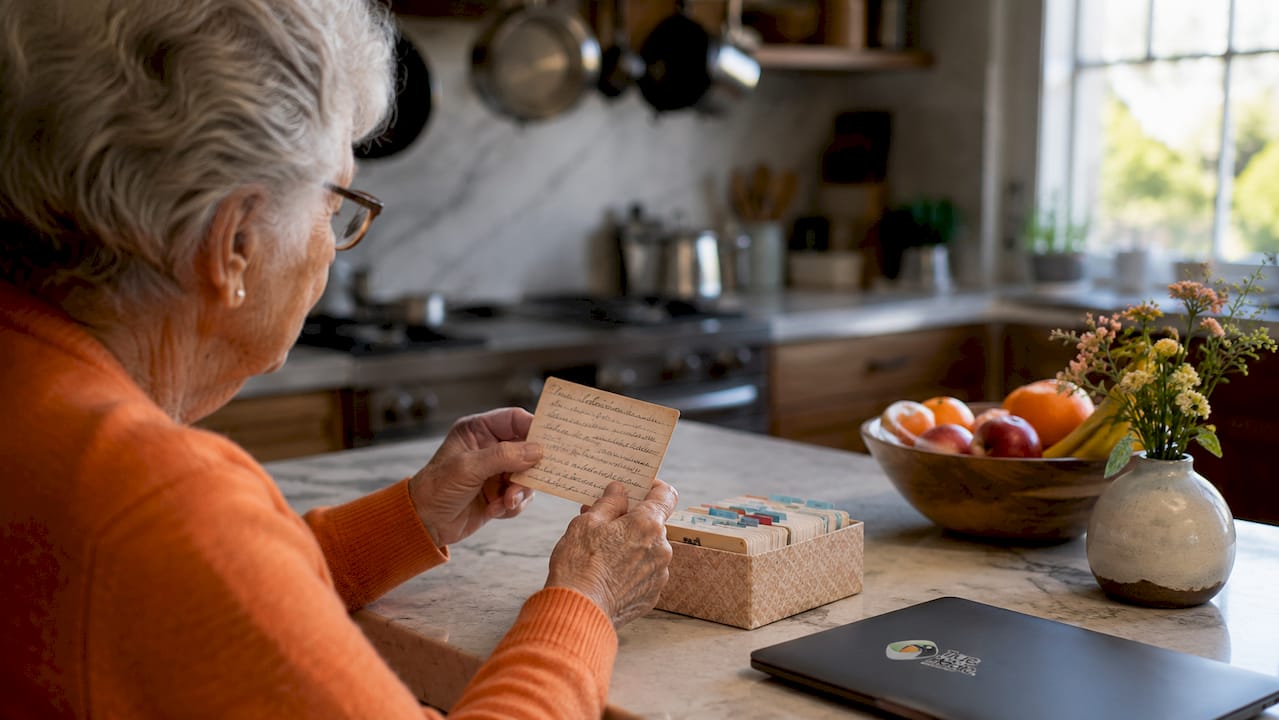 Hands holding recipe card with photo album nearby