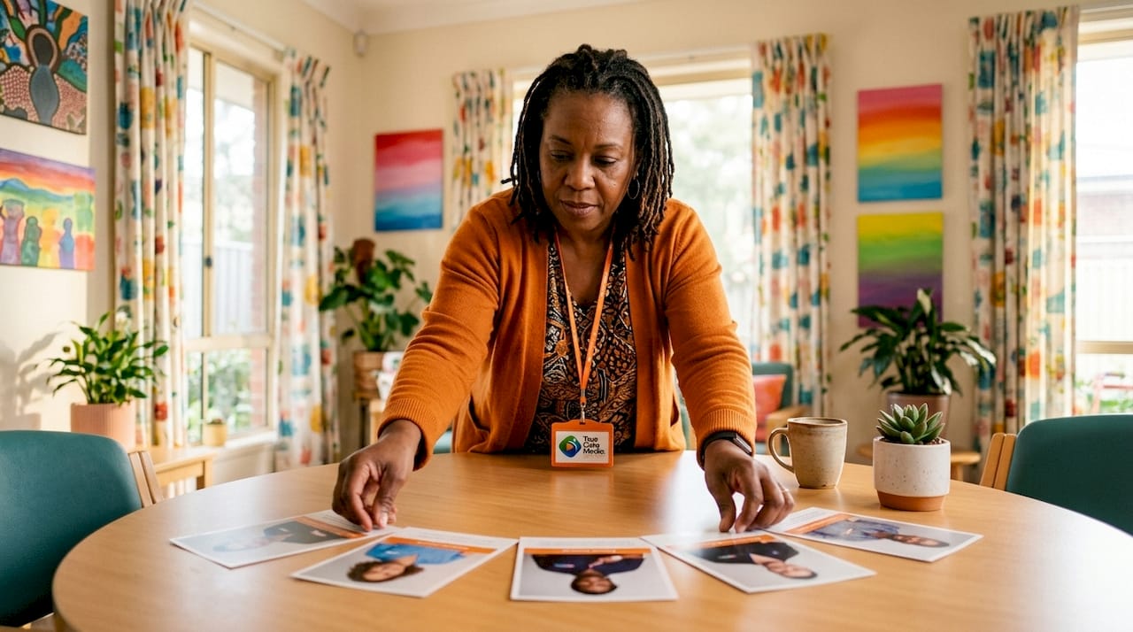 Manager organizing printed staff story cards at desk
