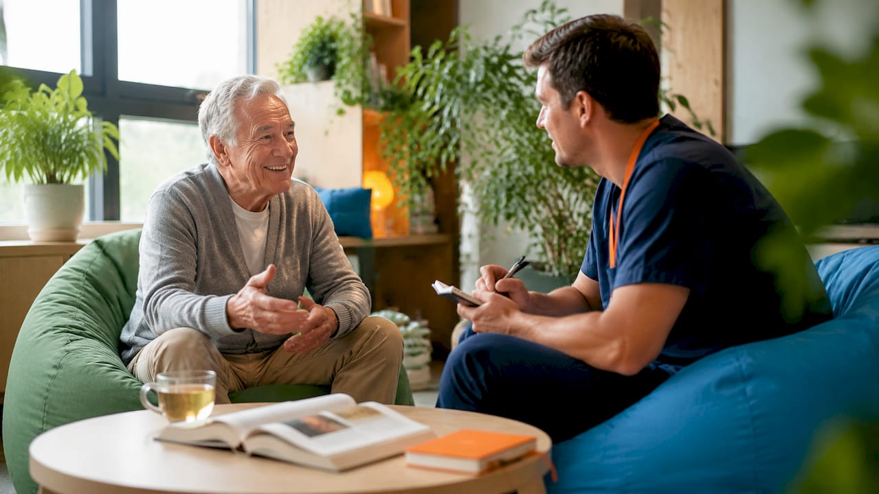 Client and healthcare worker sharing stories