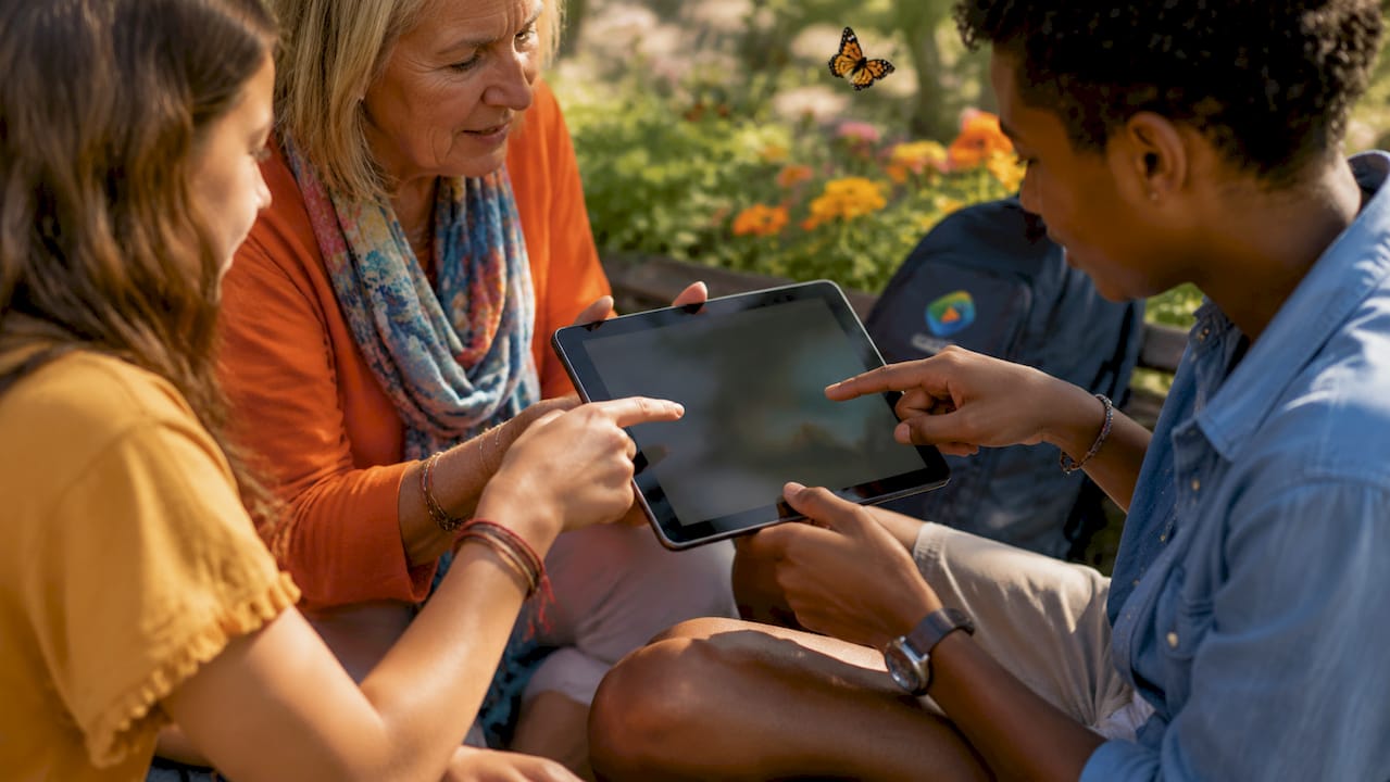 Diverse hands pointing at tablet in hospital garden
