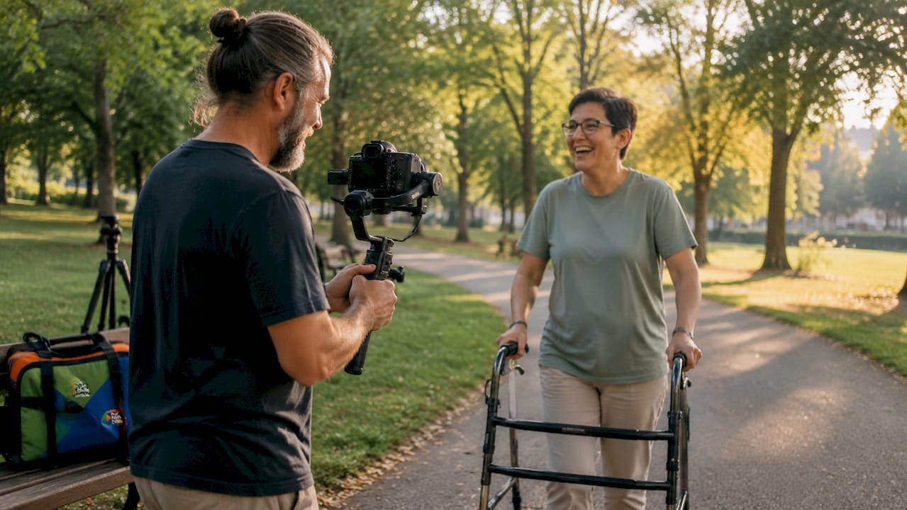 Videographer filming participant walking outdoors
