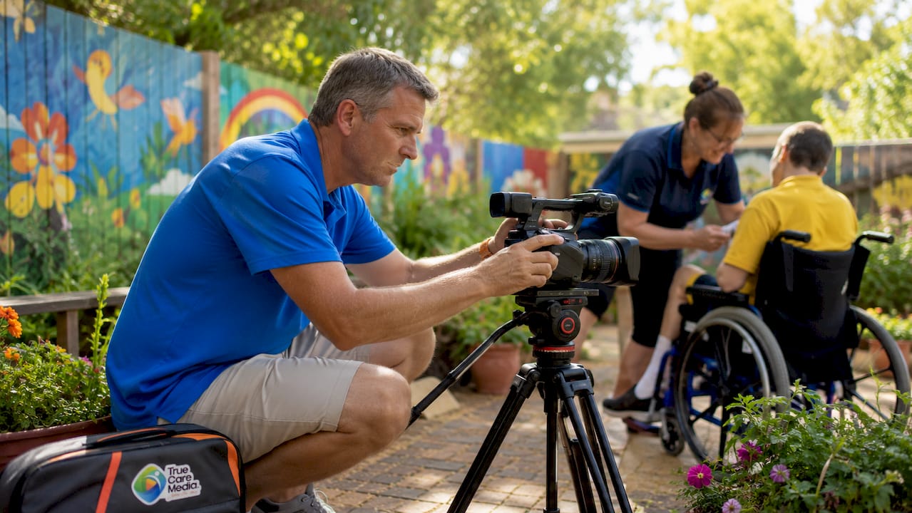 Videographer setting up camera in care facility activity room
