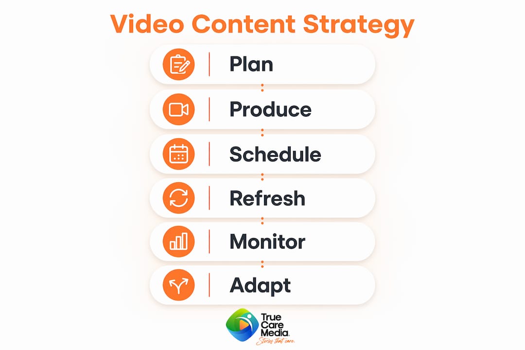 Infographic outlining steps of clinic video content strategy