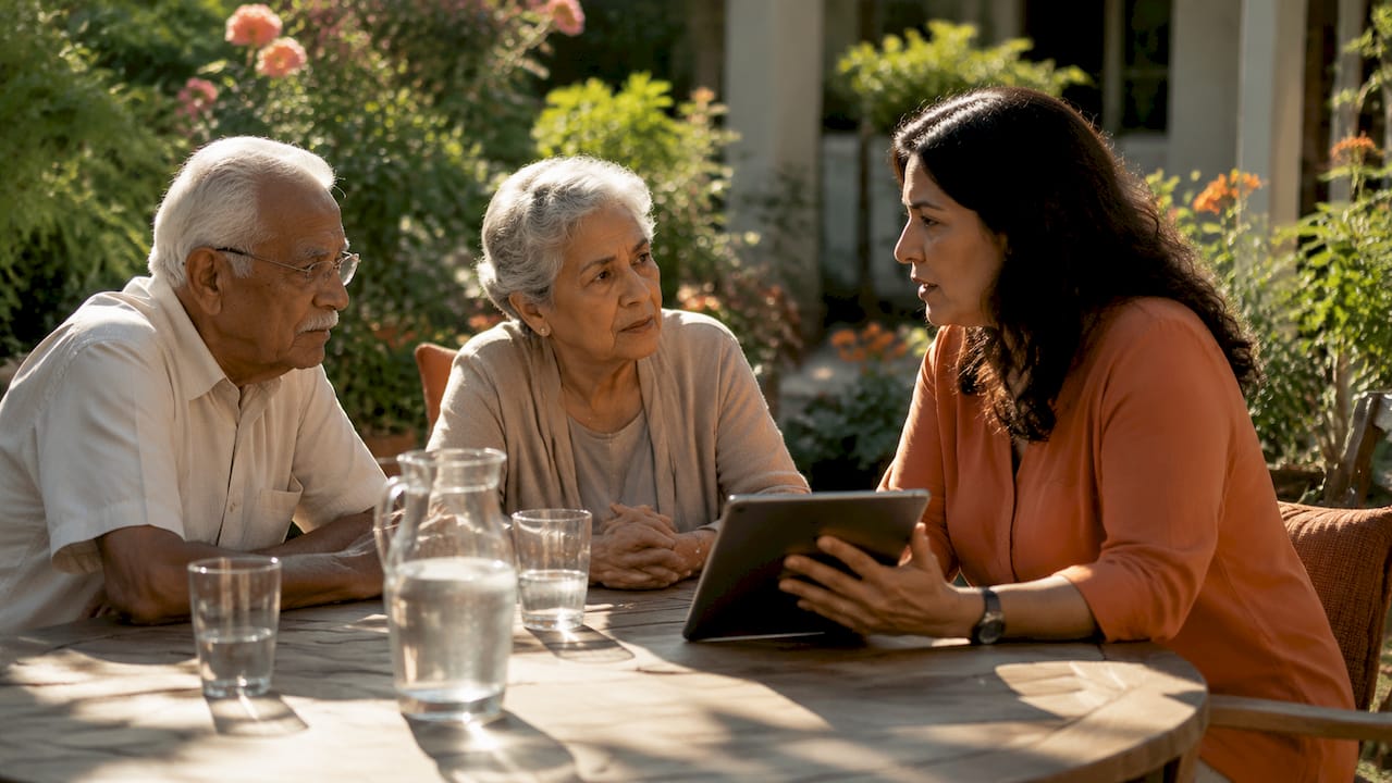 Family discussing aged care decisions at home