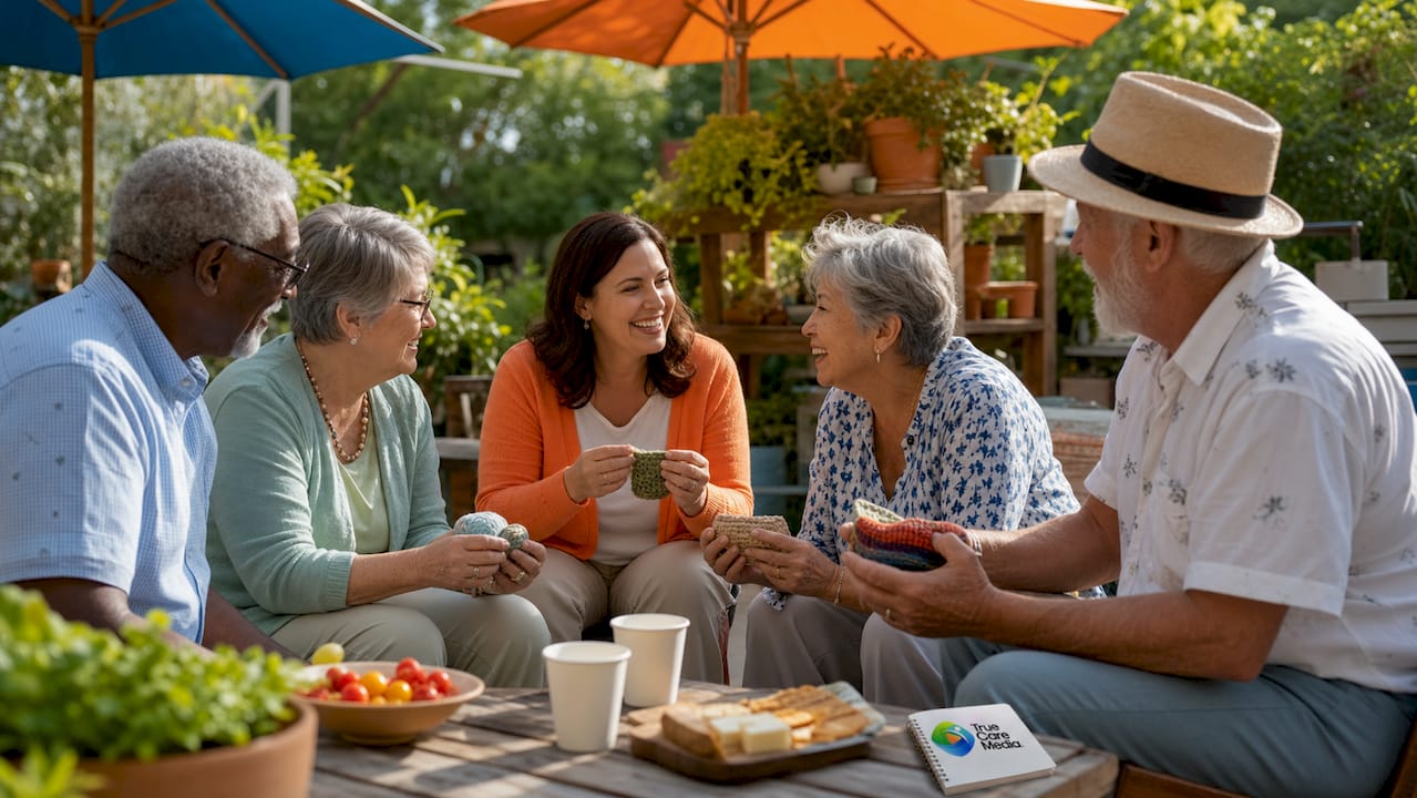 Seniors in group conversation session for wellbeing
