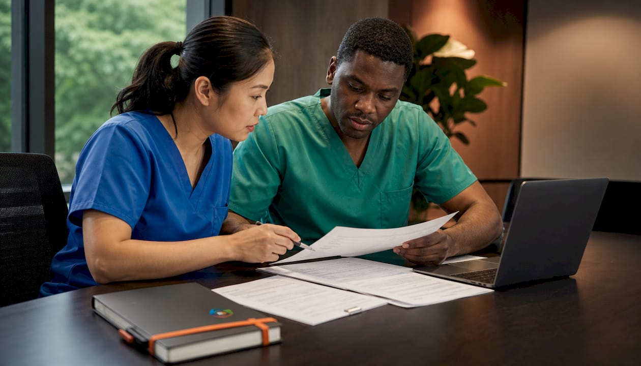 Hands exchanging surgical video consent forms