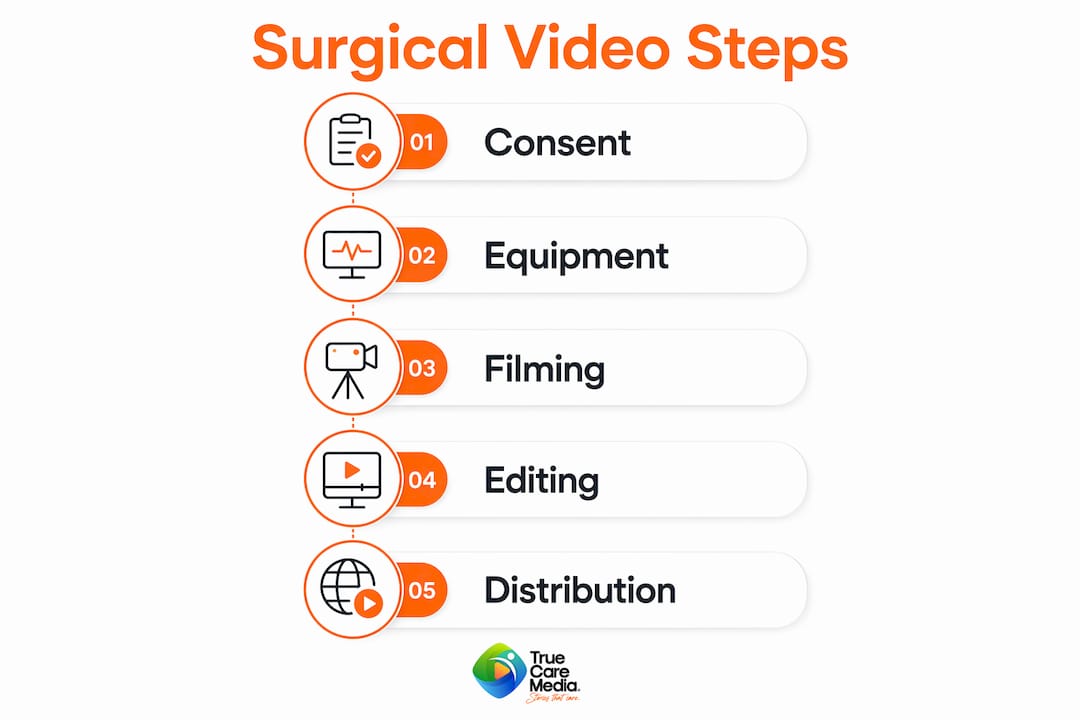 Infographic showing 5 steps for surgical video production