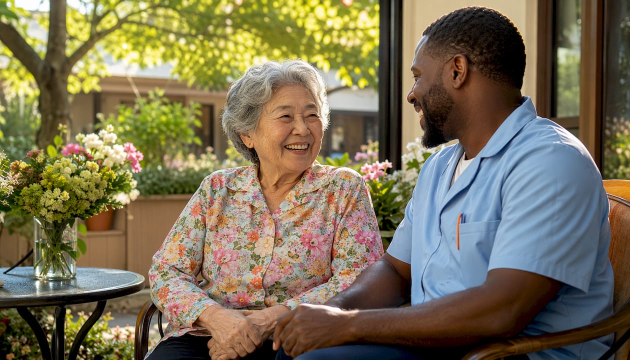 Nurse and resident laughing together on couch