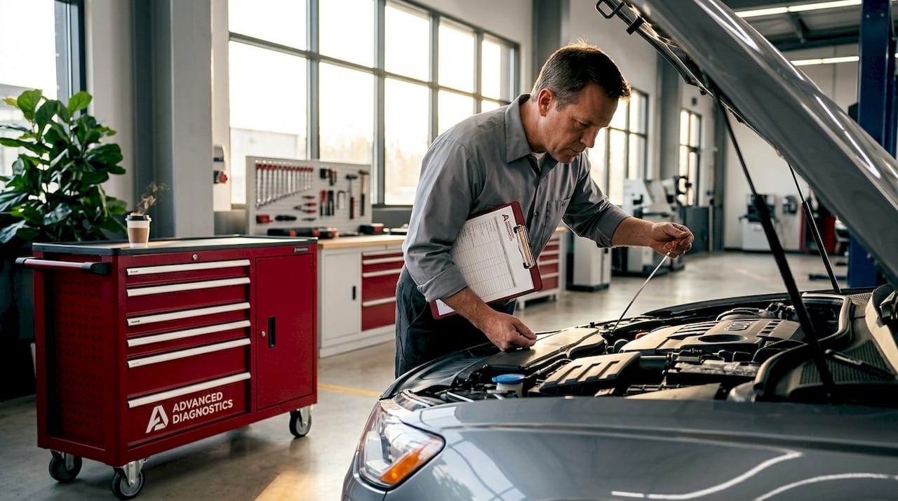 Technician inspecting car engine bay for service