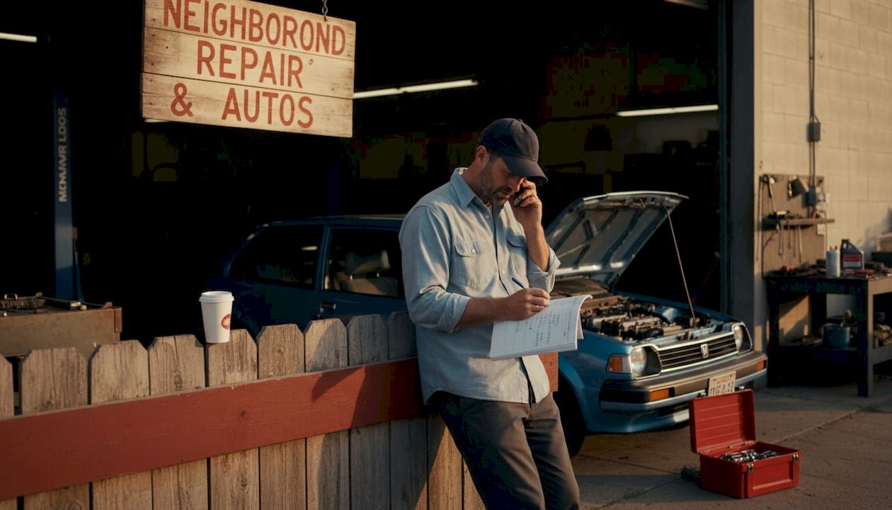 Man calling for car repair quotes at auto shop