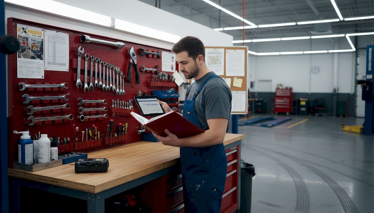 Mechanic referencing labor guide book in garage
