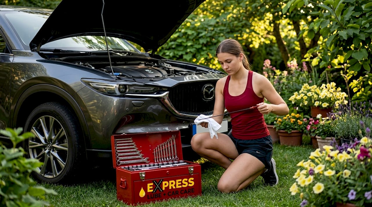 Woman checking engine oil in driveway