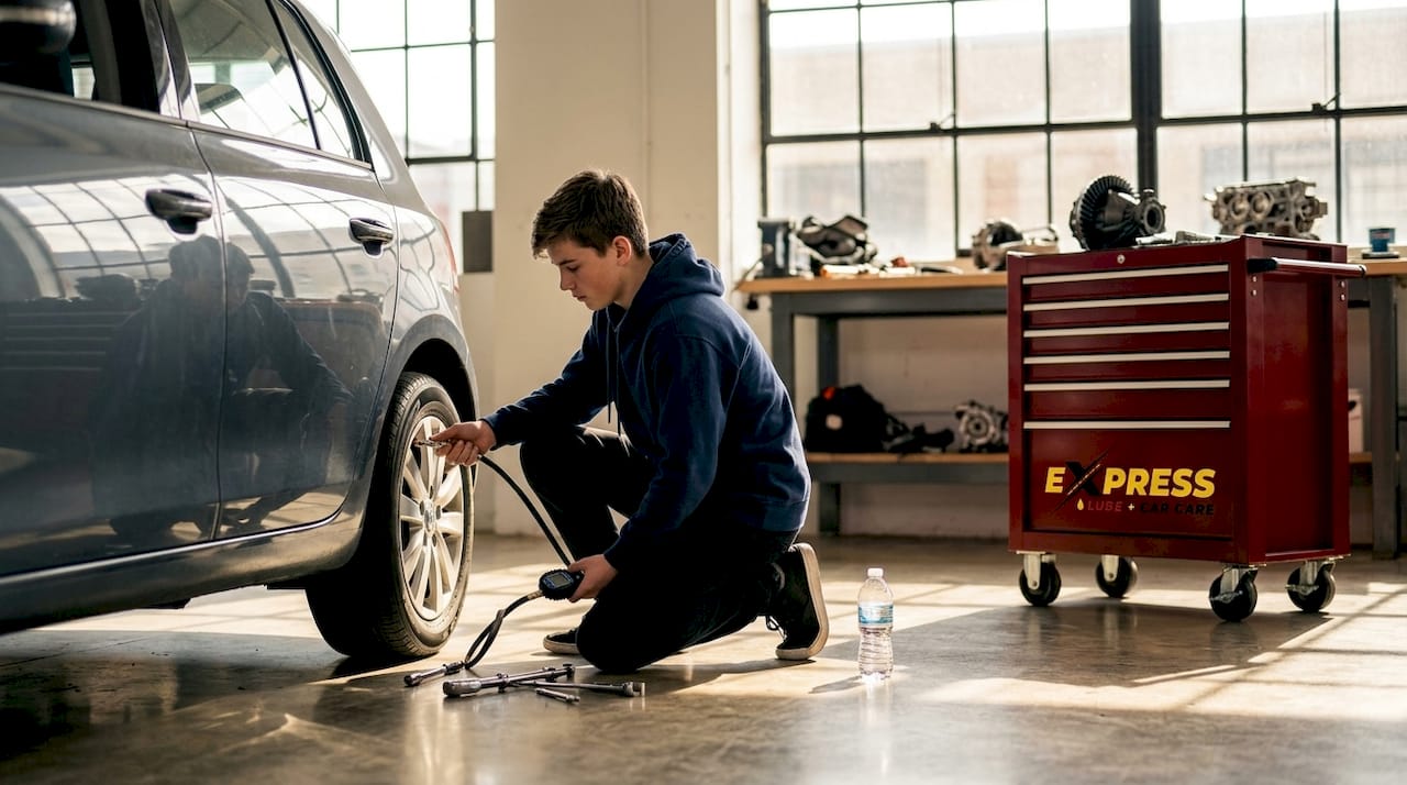Teen checking tire pressure in garage