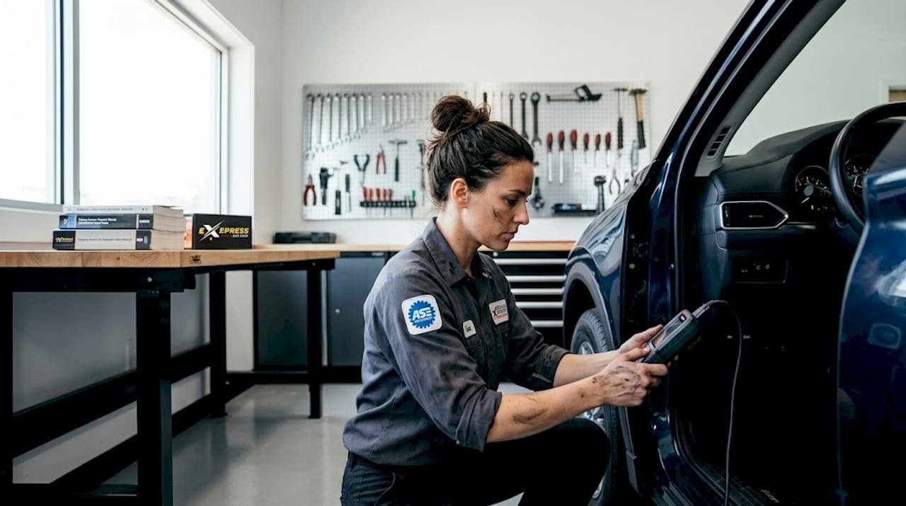 Mechanic using diagnostic tools in garage