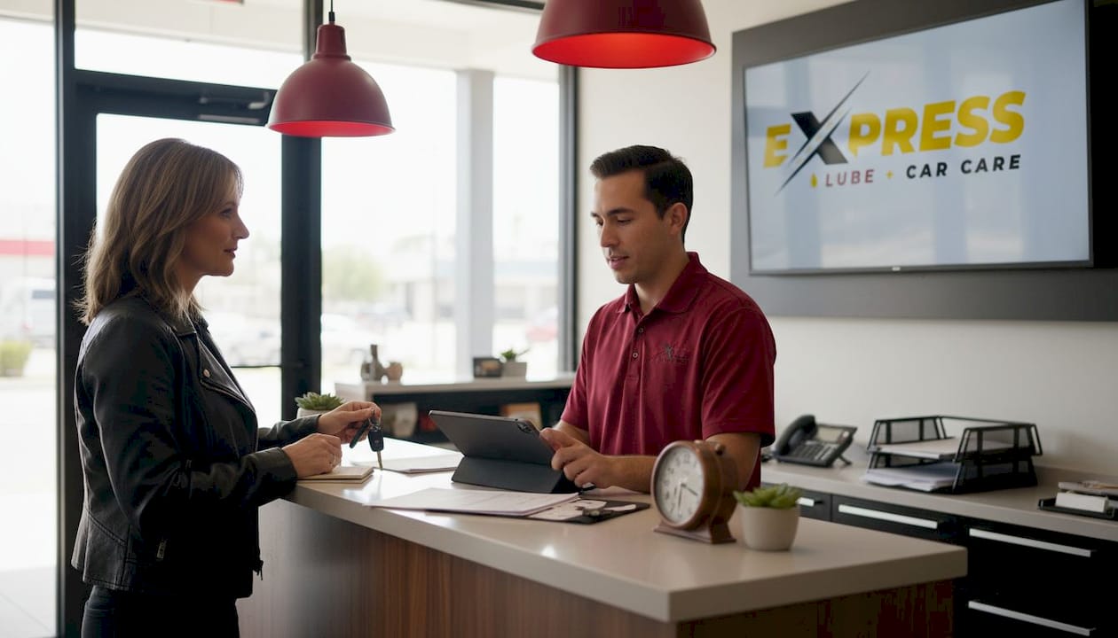 Customer schedules service at auto shop desk