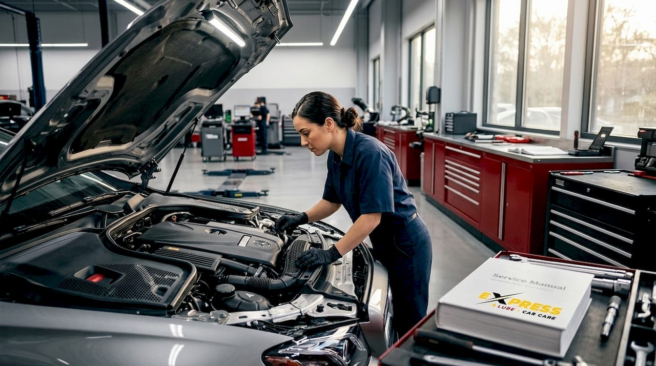 Technician examines luxury car engine
