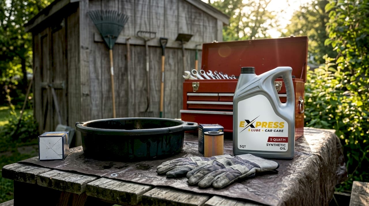 DIY oil change tools arranged on garage workbench