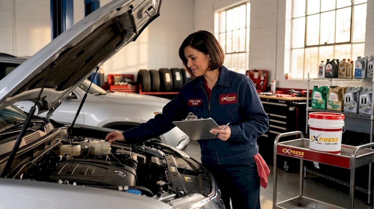 Technician checking car fluids in service bay