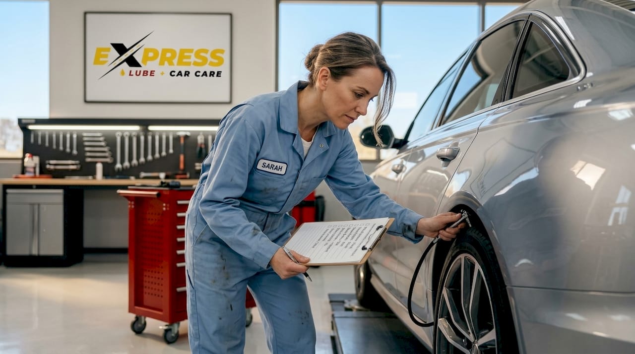 Mechanic inspecting car and reviewing checklist