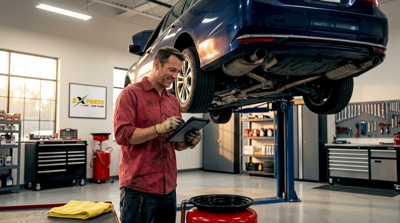Mechanic checks maintenance list during car inspection