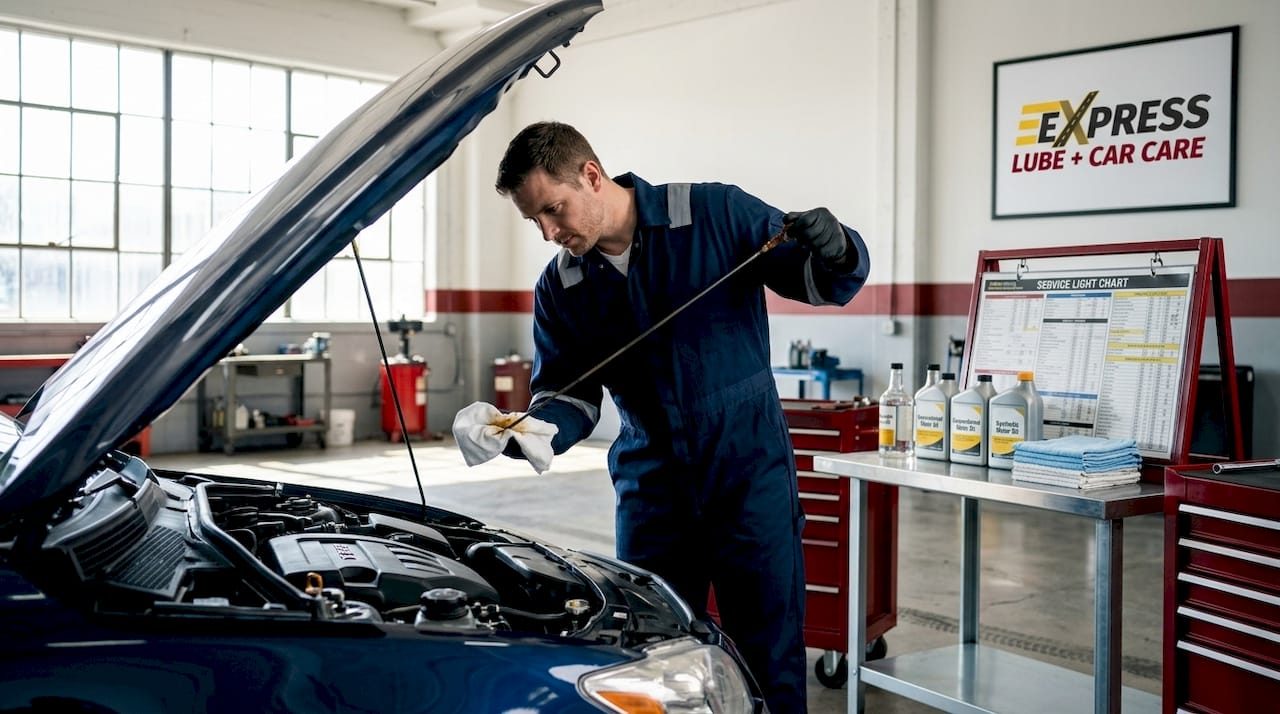 Technician checking dipstick in car engine bay